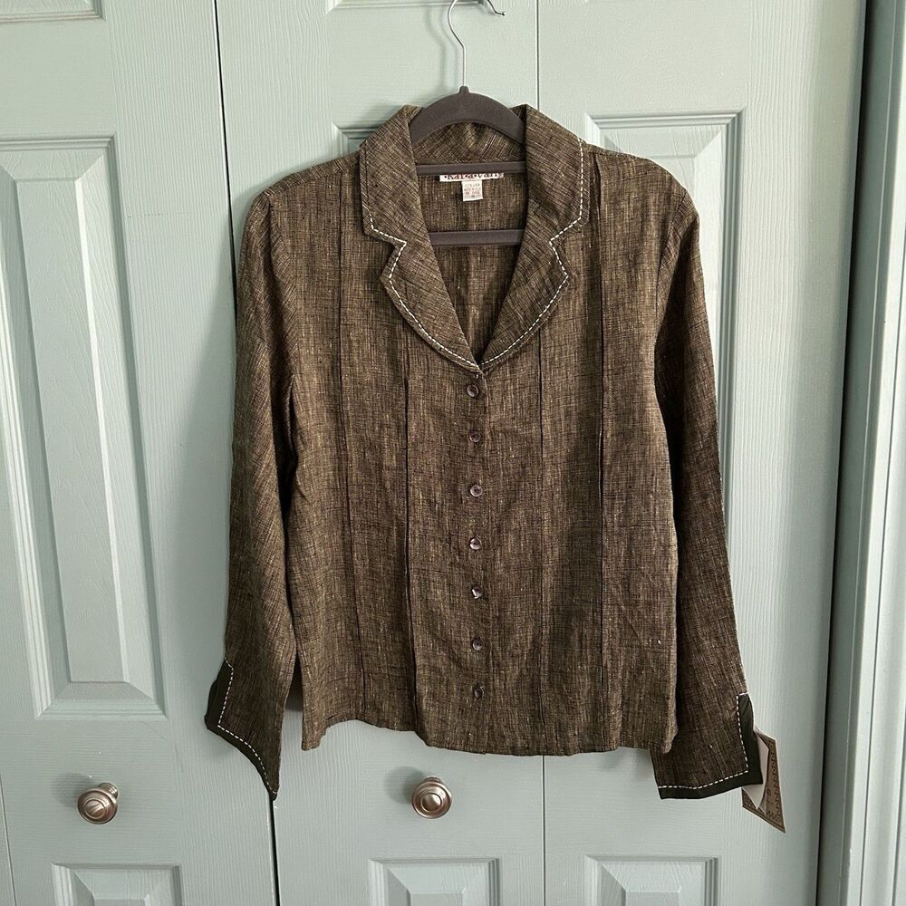 Karavan Womens Olive Green Woven Linen Blazer Blouse Medium Button Front